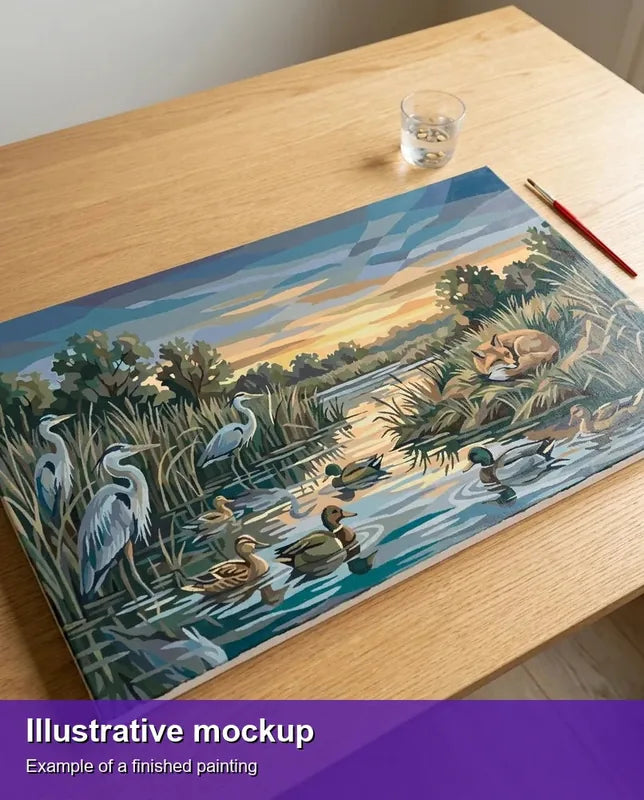 Valmiin numeromaalauksen havainnekuva - Herons Ducks and Fox 70x40cm