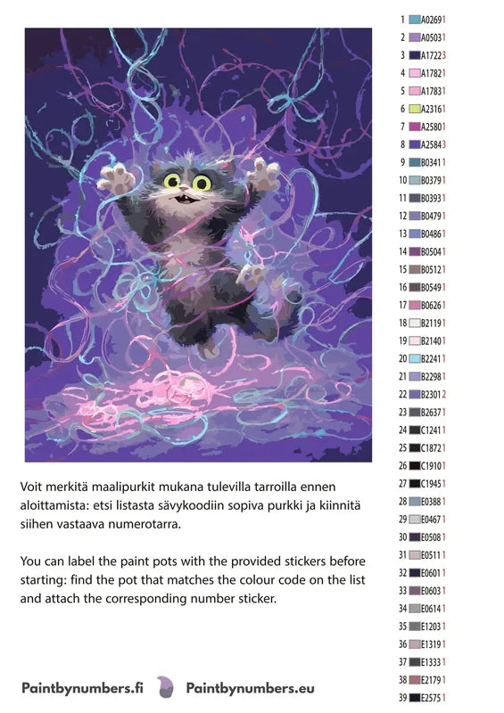 Paint by numbers color chart - Cartoon Cat with String - väriluettelo ja ohjeet
