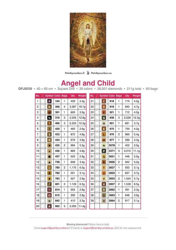 Angel and Child timanttimaalauksen värikartta – 39 DMC-väriä