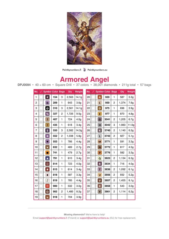 Armored Angel timanttimaalauksen värikartta – 37 DMC-väriä