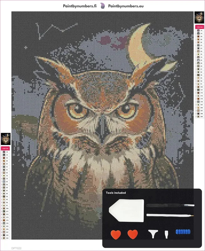 Owl in Dark timanttimaalauksen kangas 40x50cm mukana tulevilla tyokaluilla - timanttikyna, vaha, lajittelutarjotin ja pinsetit