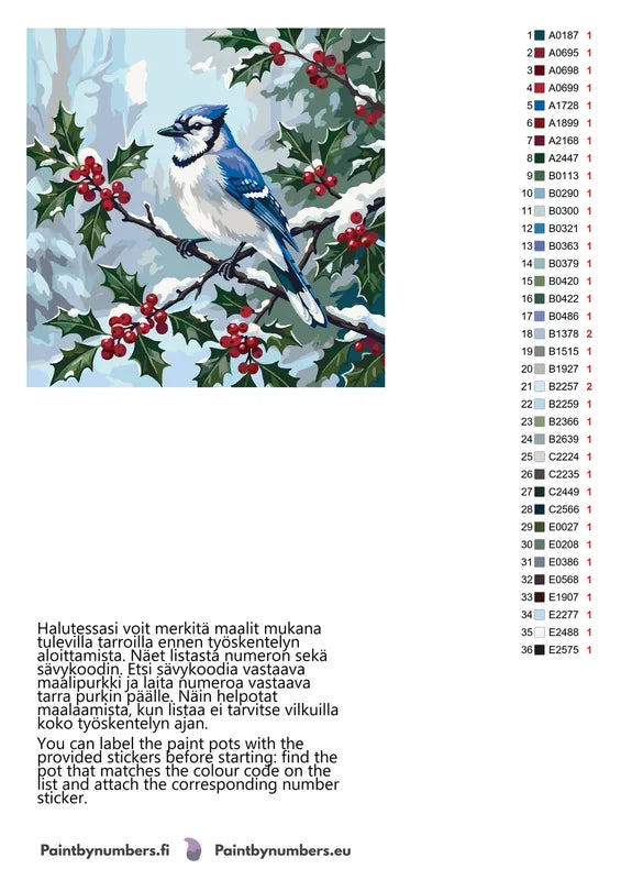 Paint by numbers color chart - Blue Jay on Branch - väriluettelo ja ohjeet