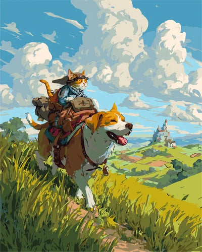 Kissa ja koira seikkailussa - renderöinti valmiista numeromaalauksesta