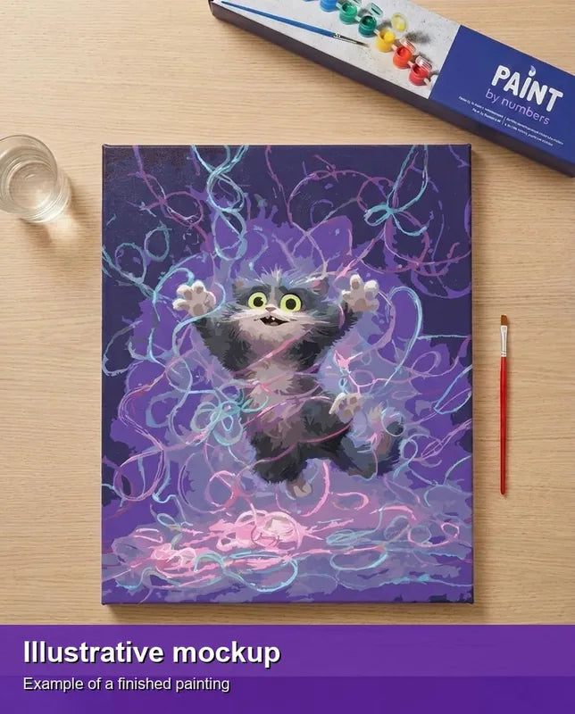 Valmiin numeromaalauksen havainnekuva - Cartoon Cat with String 40x50cm