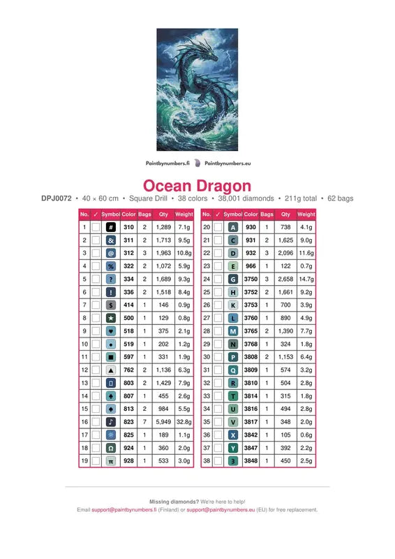 Ocean Dragon timanttimaalauksen värikartta – 38 DMC-väriä