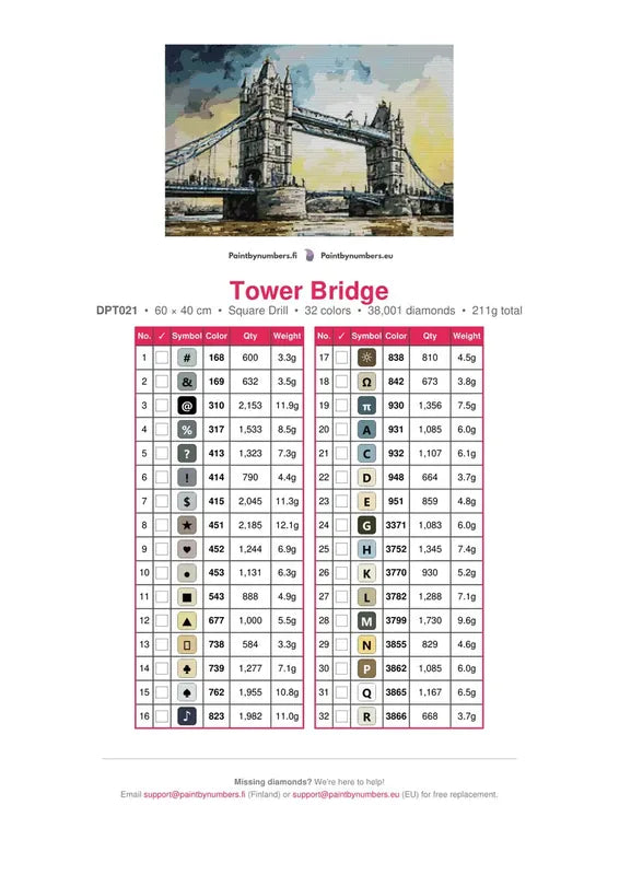 Tower Bridge timanttimaalauksen värikartta – 32 DMC-väriä
