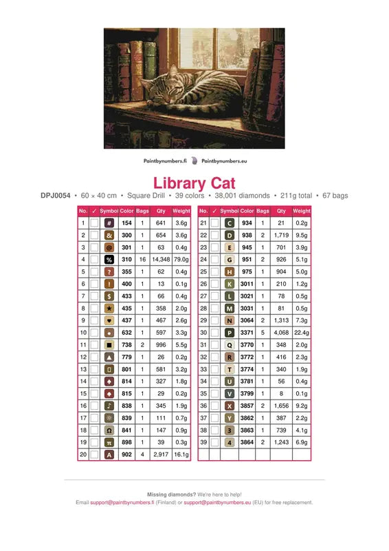 Library Cat timanttimaalauksen värikartta – 39 DMC-väriä