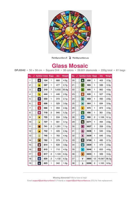 Glass Mosaic timanttimaalauksen värikartta – 38 DMC-väriä