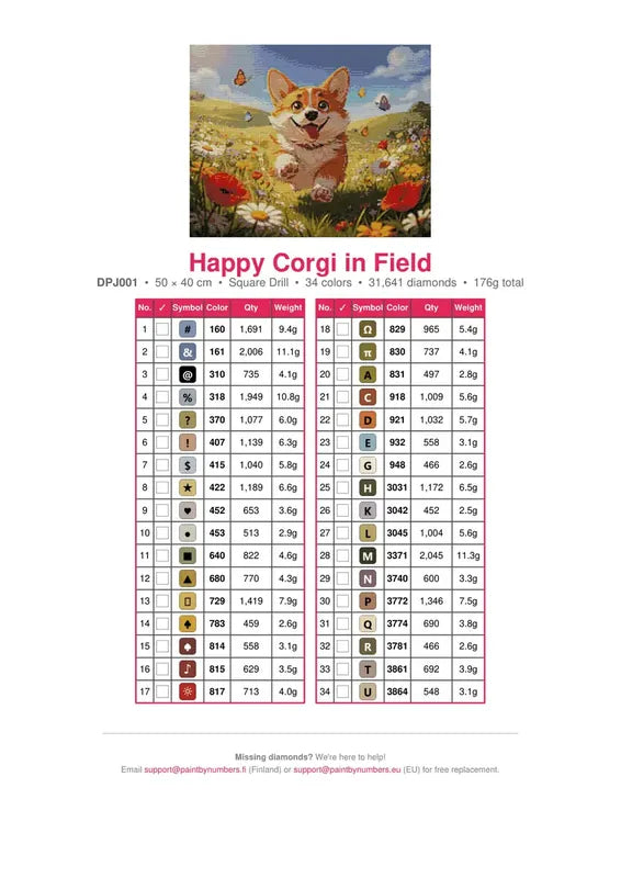 Happy Corgi in Field timanttimaalauksen värikartta – 34 DMC-väriä