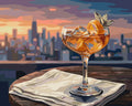 Thumbnail for Cocktail-lasi auringonlaskussa numeromaalaus. Etualalla juomalasi, taustalla kaupunkisiluetti.
