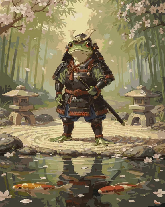 Samuraikonna numeromaalaus - sammakko samurai kirsikankukkien keskellä.