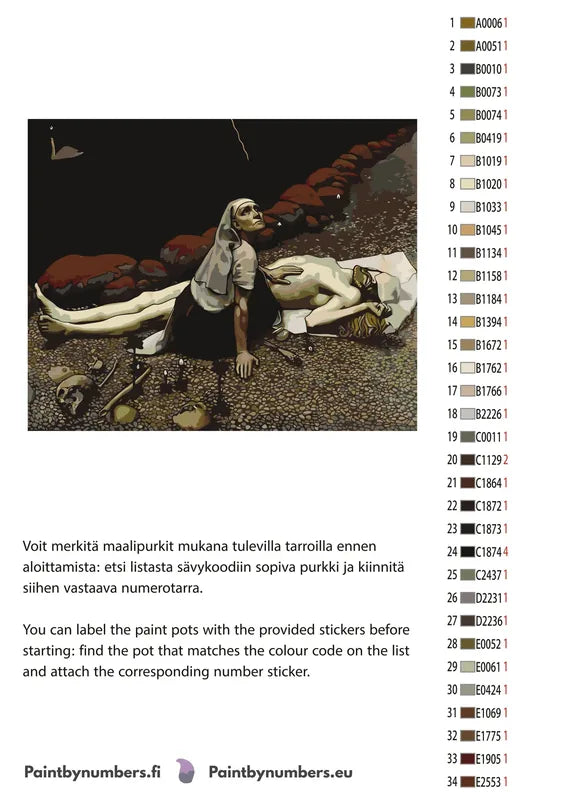 Paint by numbers color chart - Lemminkainen's Mother - väriluettelo ja ohjeet