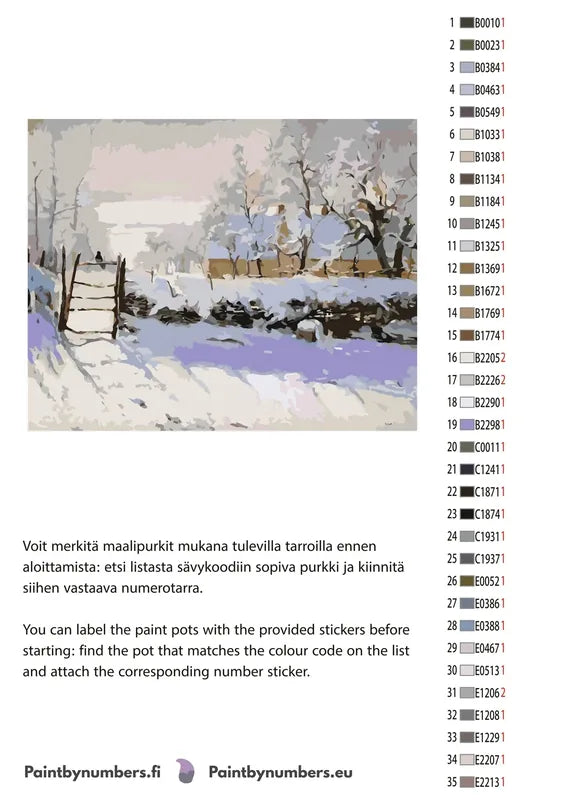Paint by numbers color chart - The Magpie - väriluettelo ja ohjeet