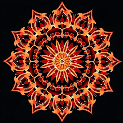 Punainen ja oranssi mandala mustalla taustalla