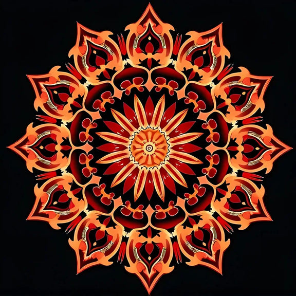 Punainen ja oranssi mandala mustalla taustalla