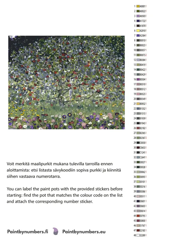 Paint by numbers color chart - Apple Tree, I - väriluettelo ja ohjeet