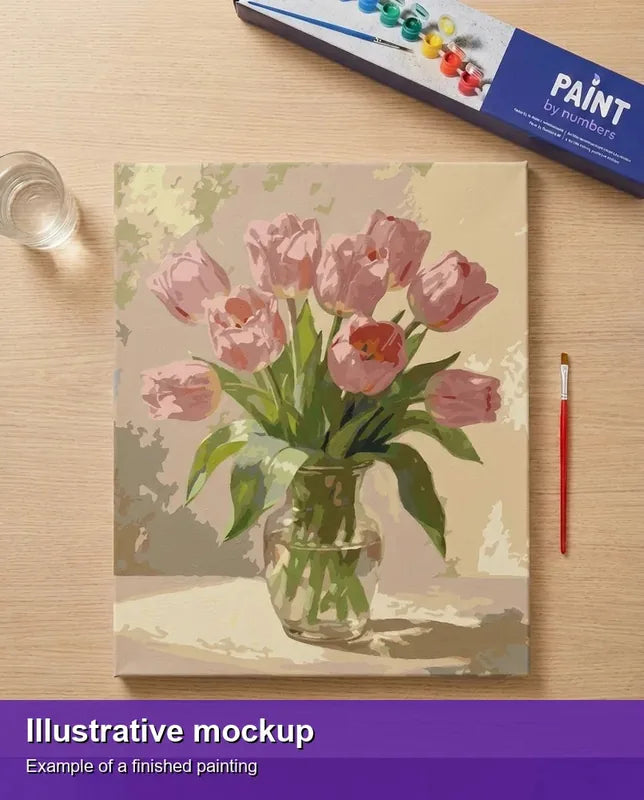Valmiin numeromaalauksen havainnekuva - Pink Tulips in Vase 40x50cm