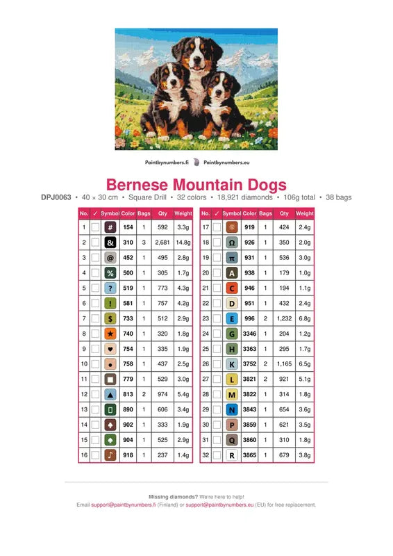 Bernese Mountain Dogs timanttimaalauksen värikartta – 32 DMC-väriä