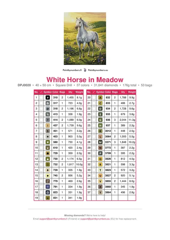 White Horse in Meadow timanttimaalauksen värikartta – 37 DMC-väriä