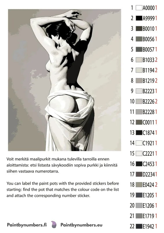 Paint by numbers color chart - Woman Back Nude Draped - väriluettelo ja ohjeet