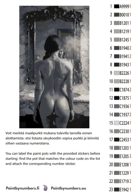 Paint by numbers color chart - Woman Standing at Mirror - väriluettelo ja ohjeet