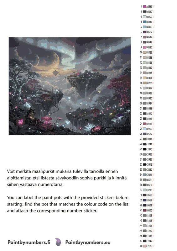 Paint by numbers color chart - Floating Island Landscape - väriluettelo ja ohjeet
