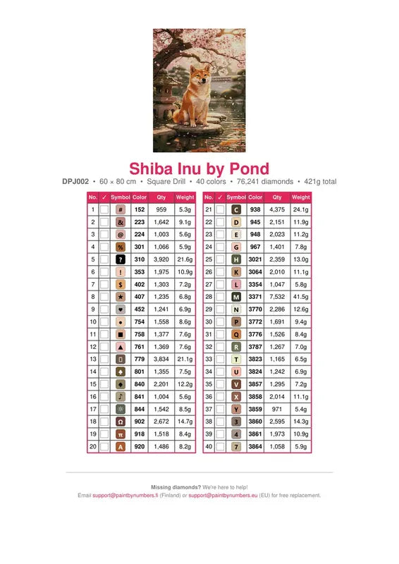 Shiba Inu by Pond timanttimaalauksen värikartta – 40 DMC-väriä