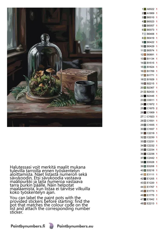 Paint by numbers color chart - Mushrooms Under Glass Dome - väriluettelo ja ohjeet