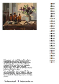 Thumbnail for Paint by numbers color chart - Bottles and Flower Arrangement - väriluettelo ja ohjeet