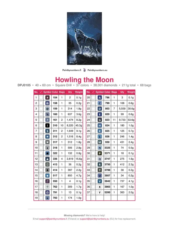 Howling the Moon timanttimaalauksen värikartta – 37 DMC-väriä