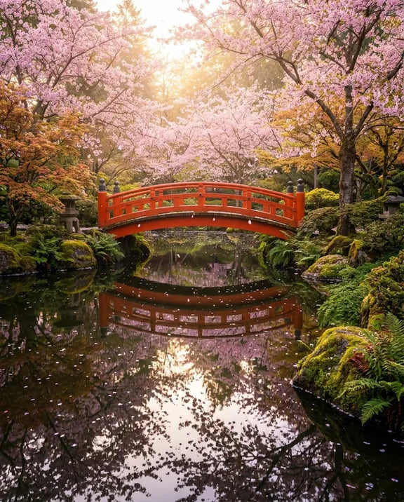 Timanttimaalaus japanilainen puutarha punaisella sillalla ja kirsikankukilla