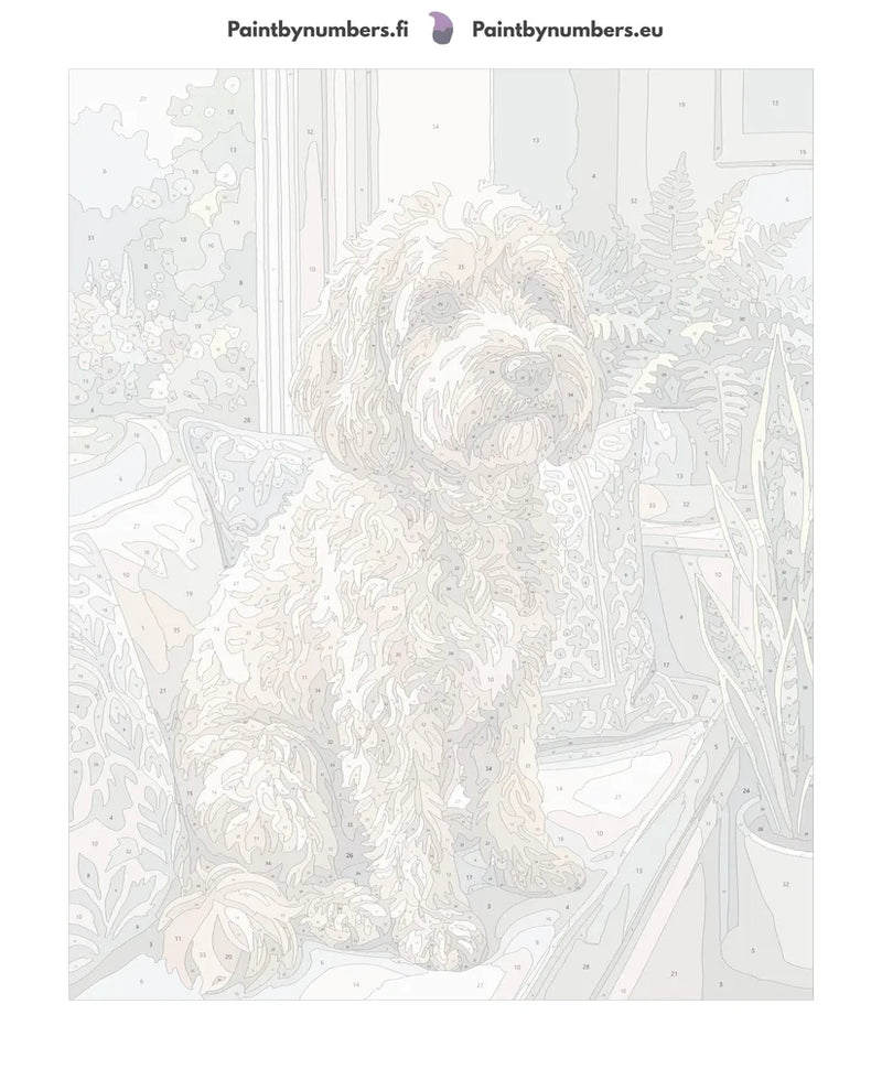 Numeroitu kangas - Curly Dog on Sofa 40x50cm
