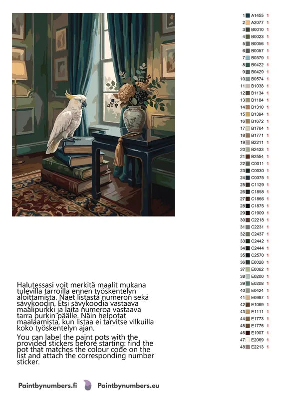 Paint by numbers color chart - Cockatoo on Books - väriluettelo ja ohjeet