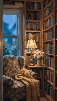 Thumbnail for Nojatuoli, kirjahyllyt ja lamppu numeromaalaus.