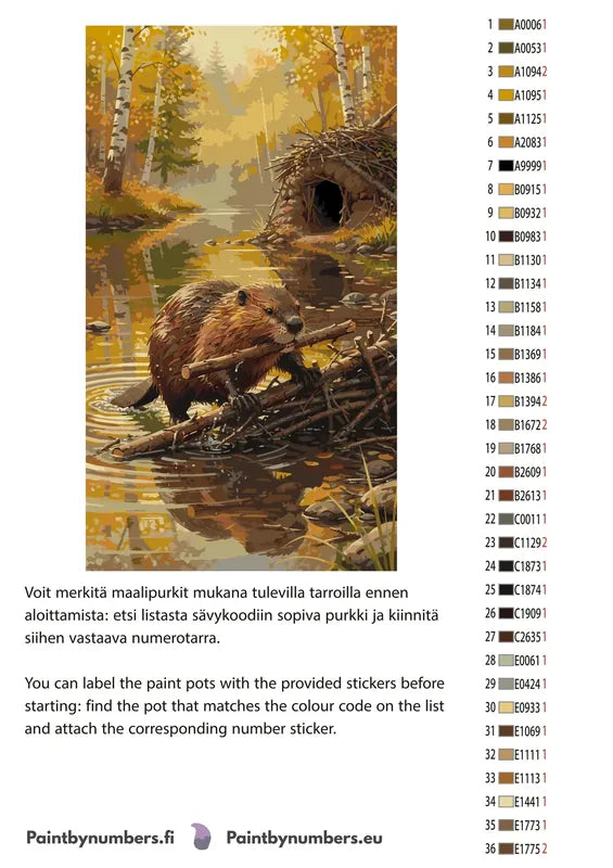 Paint by numbers color chart - Beaver Building Dam - väriluettelo ja ohjeet
