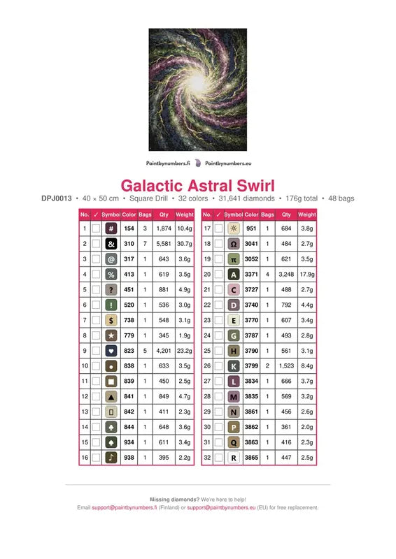 Galactic Astral Swirl timanttimaalauksen värikartta – 32 DMC-väriä