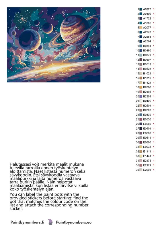 Paint by numbers color chart - Planets and Stars Sky - väriluettelo ja ohjeet