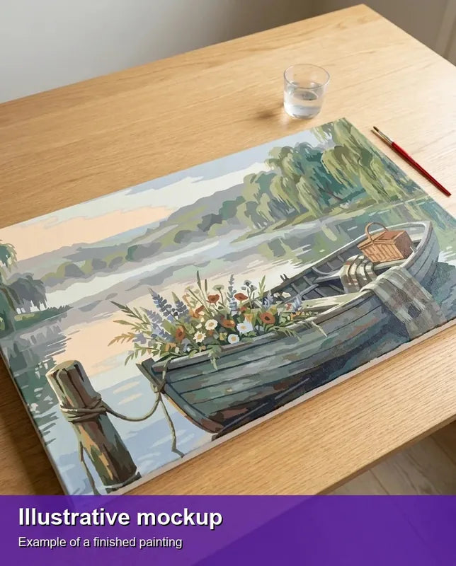 Valmiin numeromaalauksen havainnekuva - Boat with Flowers Lake 70x40cm