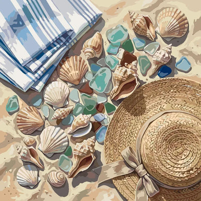 Simpukat, lasipalat, pyyhe ja olkihattu hiekkarannalla numeromaalaus.