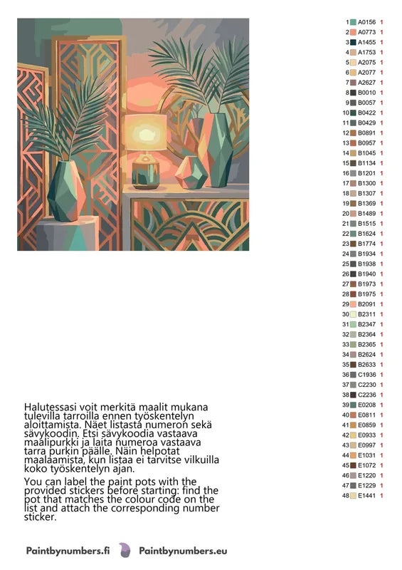 Värikartta ja ohjeet - Vases and Palm Leaves 50x50cm