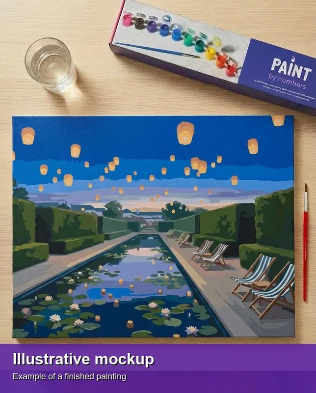Valmiin numeromaalauksen havainnekuva - Garden Pool and Lanterns 50x40cm