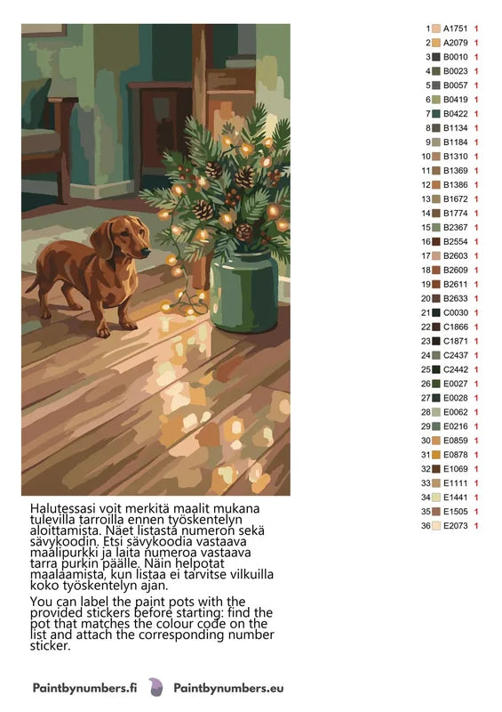 Värikartta ja ohjeet - Dachshund and Pine Branches 40x70cm