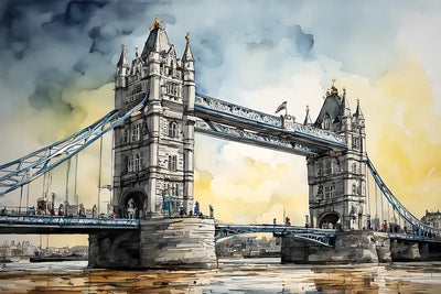 Timanttimaalaus, jossa on Tower Bridge Lontoossa, harmaat tornit ja sininen silta kultaisella taustalla.