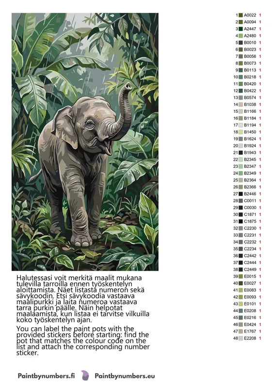 Värikartta ja ohjeet - Baby Elephant in Jungle 40x70cm