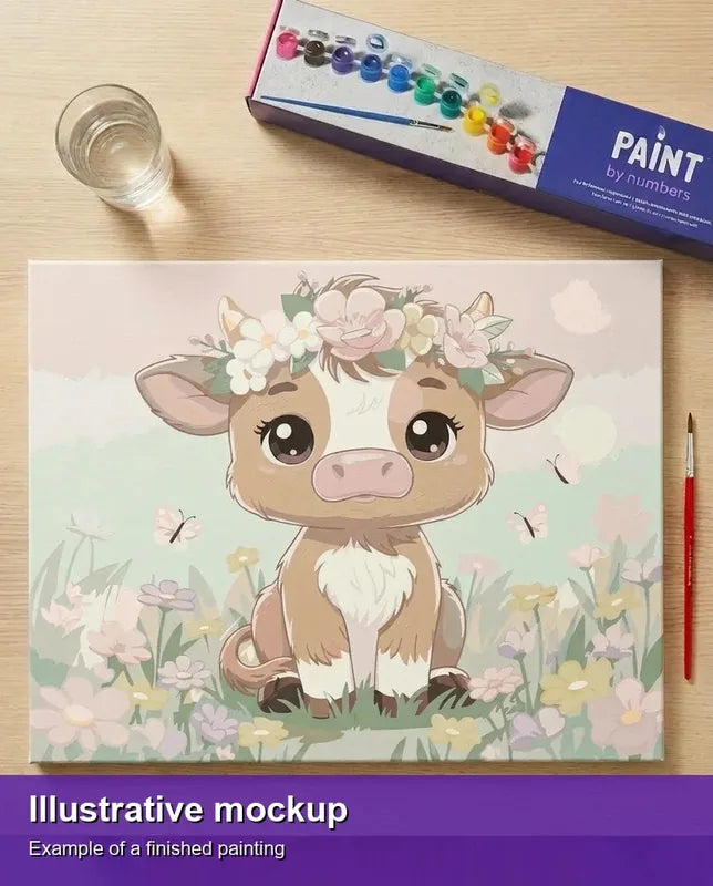 Valmiin numeromaalauksen havainnekuva - Cute Cow with Flowers 50x40cm