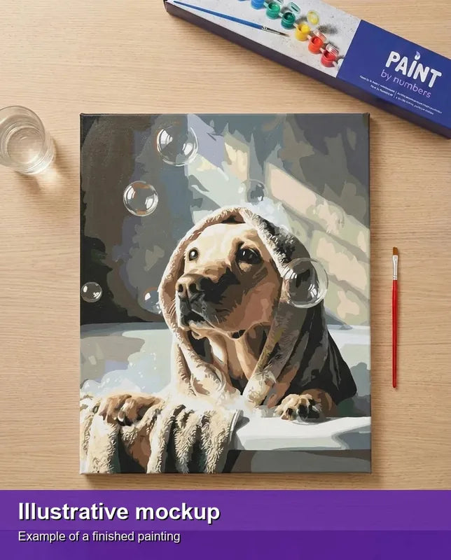 Valmiin numeromaalauksen havainnekuva - Bubble Bath Dog 40x50cm