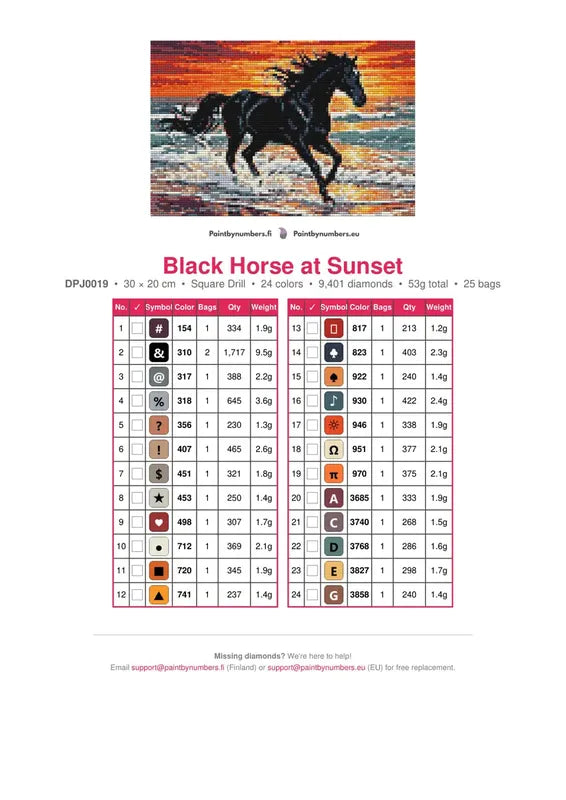 Black Horse at Sunset timanttimaalauksen värikartta – 24 DMC-väriä