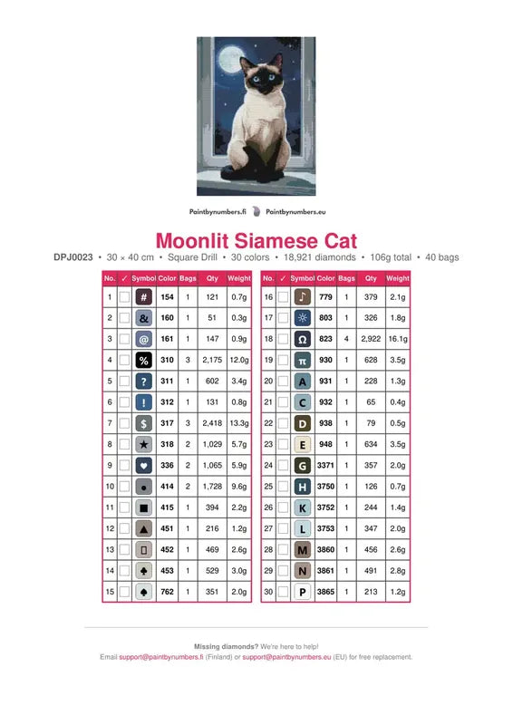 Moonlit Siamese Cat timanttimaalauksen värikartta – 30 DMC-väriä