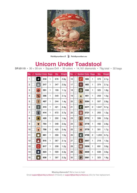 Unicorn Under Toadstool timanttimaalauksen värikartta – 30 DMC-väriä