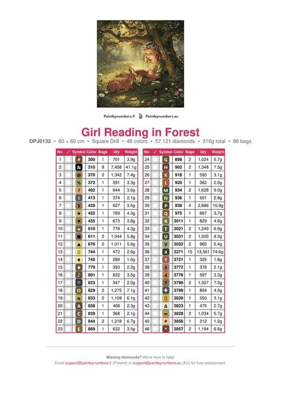Girl Reading in Forest timanttimaalauksen värikartta – 46 DMC-väriä
